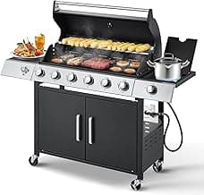 MELLCOM Upgraded 6 Burner BBQ Propane Gas Grill with Cast Iron Grates & Side Stove, 60,000 BTU Stainless Steel Burner Barbecue Grill for Patio,Camping, Outdoor Cooking