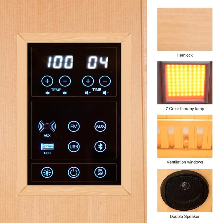 ZONEMEL Far Infrared 2 Person Wooden Sauna Room with Recliner, Red Cedar Luxury Indoor Sauna with 10 Heating Panels, Oxygen Bar, 3400 Watt, Infrared Therapy Wood Dry Heat Sauna, 220V