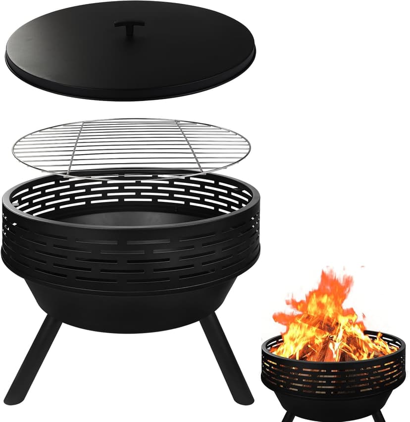 23 Inch Cast Iron Round Fire Pit with Grill, 3-in-1 Outdoor Fire Bowl, Fire Pit Table with Metal Lid and Fire Poker, Wood Burning Firepit for BBQ Bonfire Patio Picnic