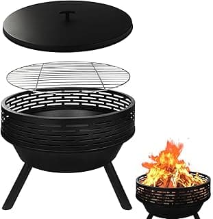 23 Inch Cast Iron Round Fire Pit with Grill, 3-in-1 Outdoor Fire Bowl, Fire Pit Table with Metal Lid and Fire Poker, Wood Burning Firepit for BBQ Bonfire Patio Picnic
