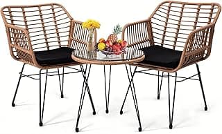 3 Piece Wicker Patio Bistro Furniture Set, Includes 2 Rattan Chairs and Glass Top Table, Ideal for Porch, Outdoor, Backyard, Apartment, Balcony, Natural