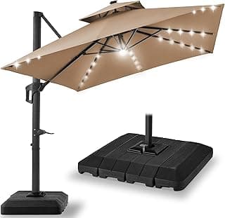 Best Choice Products 10x10ft Cantilever Patio Umbrella w/Base Included, Solar LED Lights 360 Rotation Large Offset Hanging Outdoor Shade for Deck Pool Backyard w/Stand – Tan