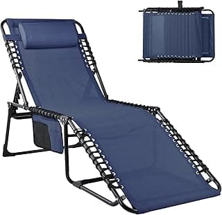 Folding Outdoor Chaise Lounge Chair - Beach Tanning Lounger with 5-Level Adjustable Backrest, 2-Level Footrest, Removable Pillow, Side Pocket, 330lb Weight Capacity for Poolside, Lawn, Blue