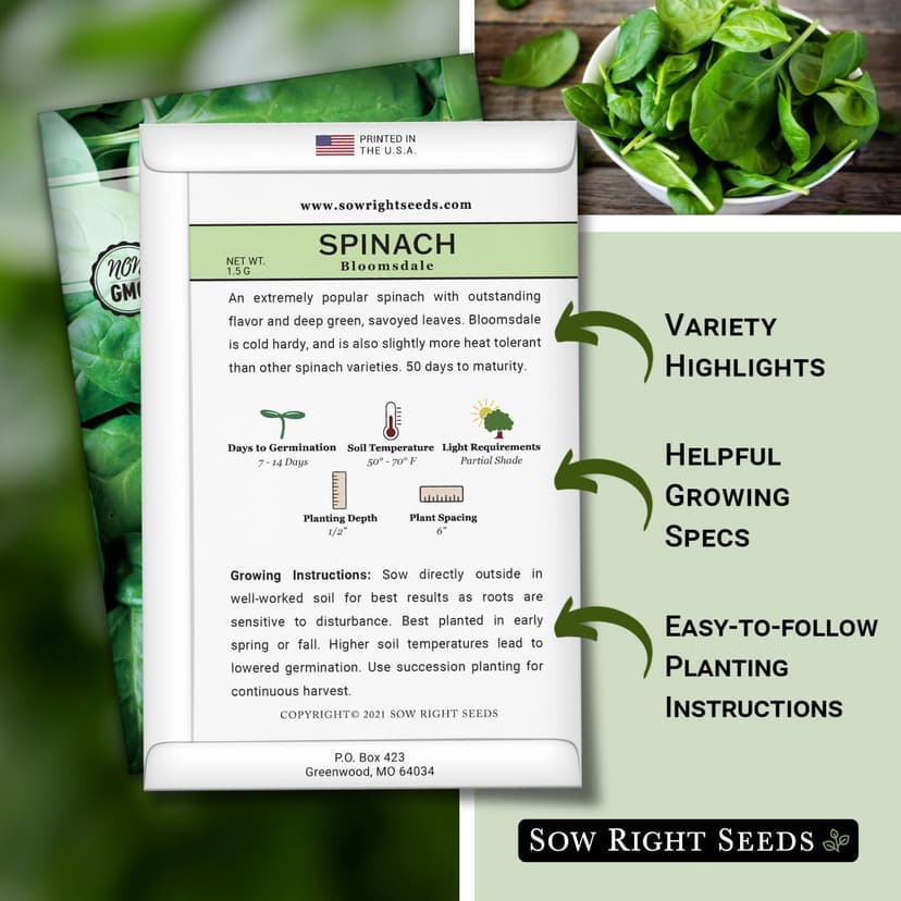 Sow Right Seeds - Bloomsdale Spinach Seeds for Planting - Non-GMO Heirloom Packet with Instructions to Plant and Grow an Outdoor Home Vegetable Garden - Vigorous Leafy Green - Super Nutritious (1)