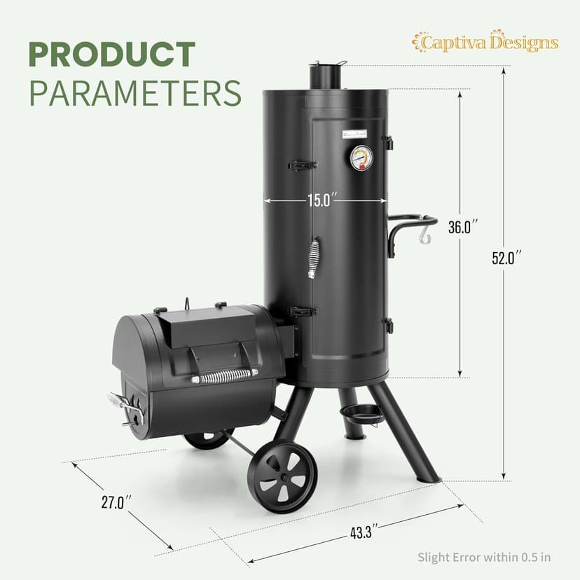 Captiva Designs Charcoal Vertical Smoker Grill and Offset Smoker Grill Combo, Extra Large Outdoor Barrel BBQ Meat Smoker Grill with 5 Removable Smoking Grates & Built-in Hooks for Various Meat Foods