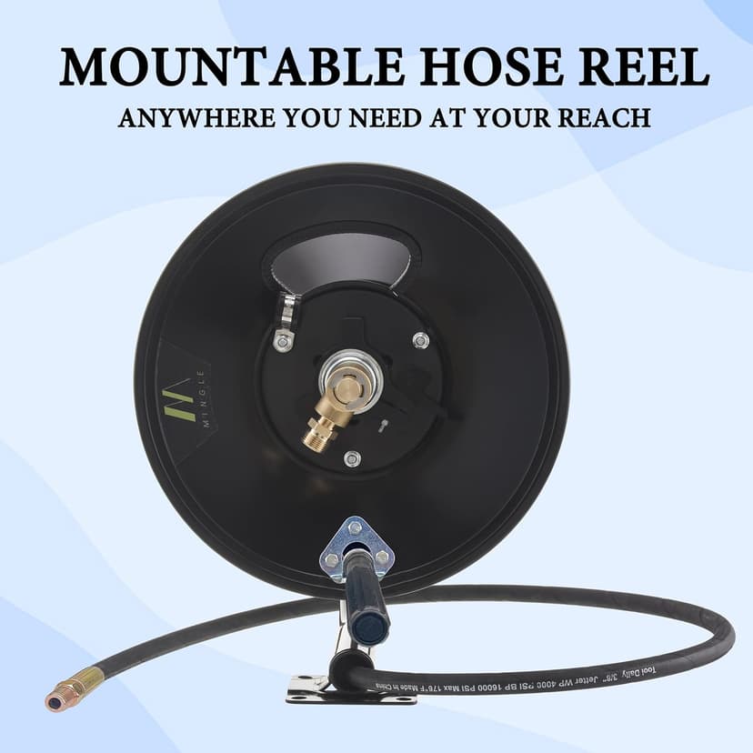 M MINGLE High Pressure Washer Hose Reel 150ft, Heavy Duty Steel Hose Reel, Manual Crank Power Washer Hose Reel with 3/8" Pressure Wash Whip Hose, Swivel Arm and Mounting Bracket, 4000 PSI