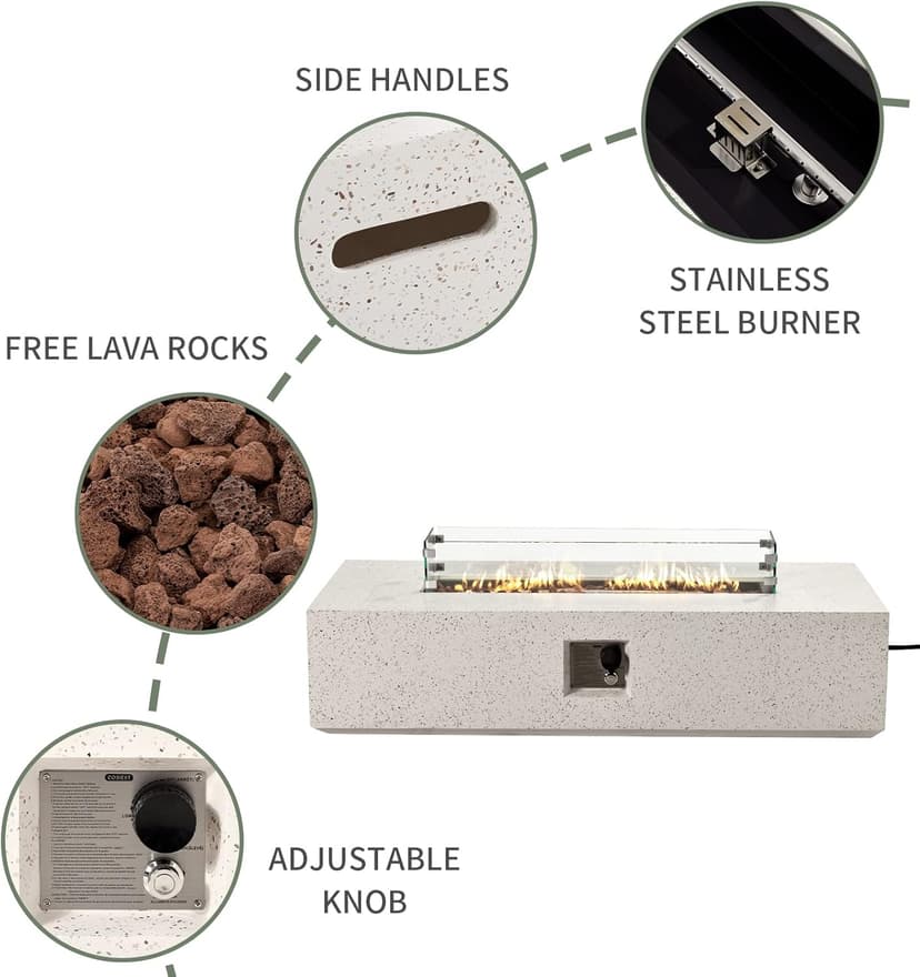COSIEST Outdoor Propane Fire Pit Table 56" x 28" Rectangle Beige Compact Concrete-Like Finish, CSA Certified, 50,000 BTU,Wind Guard, Tank Outside, Free Lava Rocks, Fits 20lb Tank Outside, Raincover