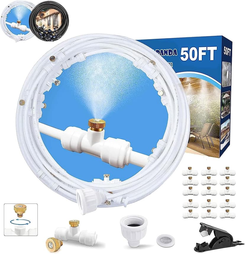 Misters for Outside Patio,Misting System for Cooling Outdoor,50Ft (15M),Water Mist Hose DIY Kit for Porch,Canopy,Deck,Umbrella,Garden,Greenhouse,Yard,Plants,Trampoline Sprinkler Accessories for Kids