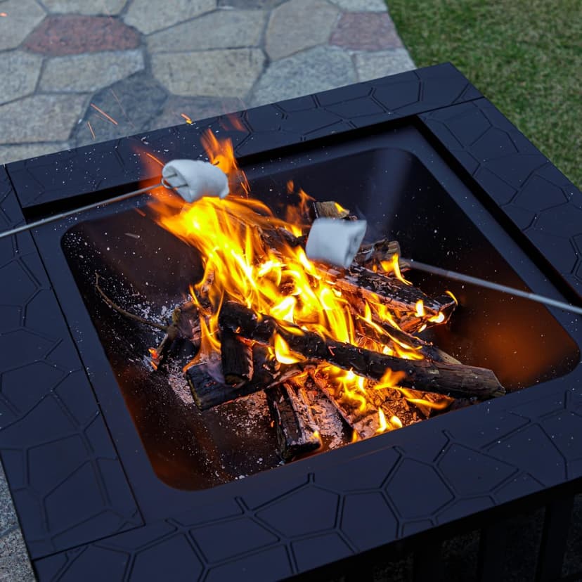 Multifunctional Fire Pit Table 32 inch Square Metal Firepit Stove Backyard Patio Garden Fireplace for Camping, Outdoor Heating, Bonfire and Picnic