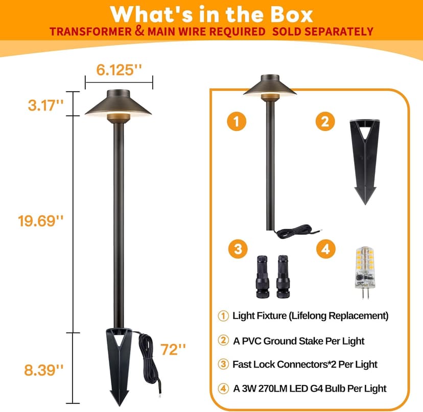 Brass Low Voltage Landscape Lighting - 12V LED Path Lights IP65 Waterproof, Hard-Wired Pathway Light Bronze for Outside Walkway Garden with 3W 2700K Warm White G4 Replaceable Bulb (6 Pack)