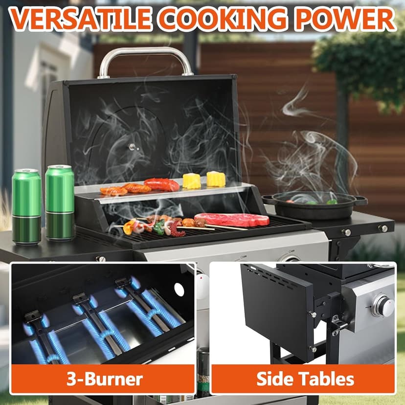 3 Burner Gas Grill with Lid, BBQ Grill With Griddle Combo, Outdoor Barbecue Grills with Wheels, Propane Grills with Foldable Side Table, Cooking Grids, Stainless Steel, 25650BTU
