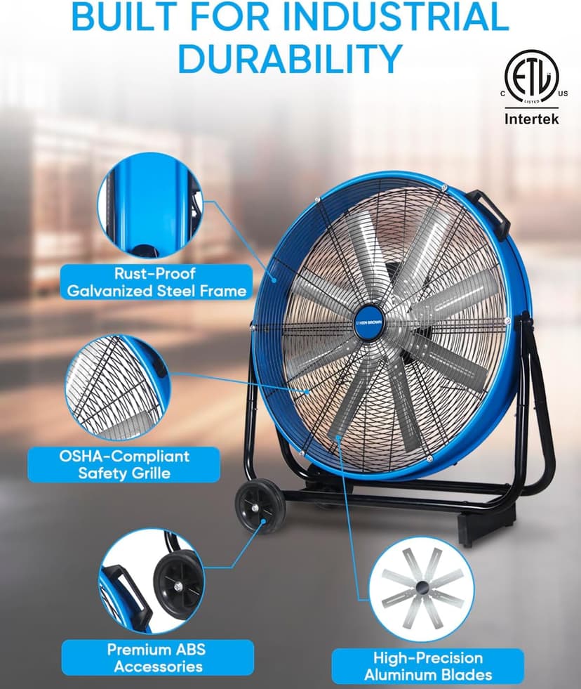 KEN BROWN 24 Inch Industrial Drum Fan, High Velocity Floor Shop Fan, Heavy Duty, 9500 CFM, 8 Blades, 3 Speeds, 360 Degree Tilt, Ideal for Industrial, Commercial, Gym, Garage Use, Blue