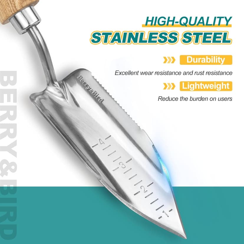 Potting Trowel, Stainless Steel Serrated Hand Shovel, Wood Handle Garden Trowel Tool with Measuring Scale for Effortless Digging,Roots，Planting, Cutting and Transplanting