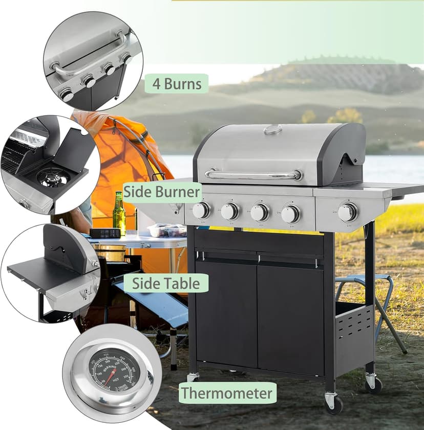 4 Burner Outdoor Propane Gas Grill with Side Burner & Thermometer, Stainless Steel Barbecue Grill with Wheels for Patio BBQ Cooking, Camping