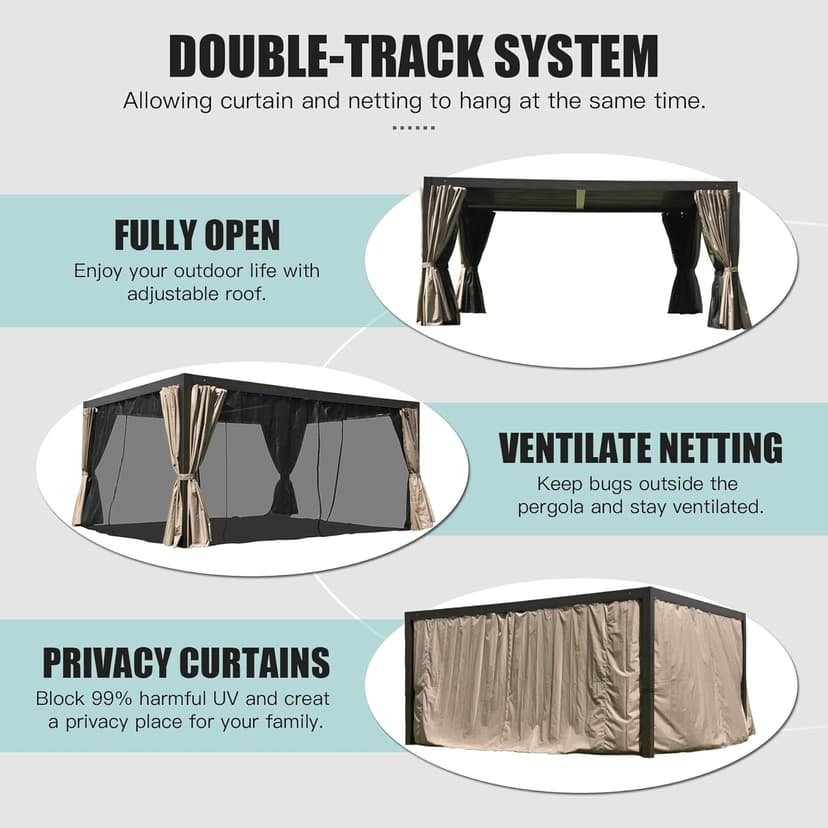 Domi Outdoor Living 10’ X 13’ Outdoor Louvered Pergola Aluminum Patio Garden Pergola with Adjustable Roof for Backyard, Garden w/Curtains and Netting (Dark Brown)