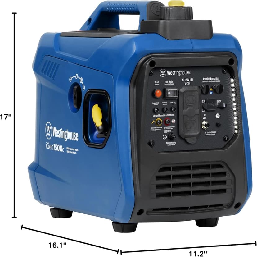 Westinghouse 1500 Peak Watt Super Quiet & Lightweight Portable Inverter Generator, Gas Powered, CO Sensor, Parallel Capable, Long Run Time,Blue