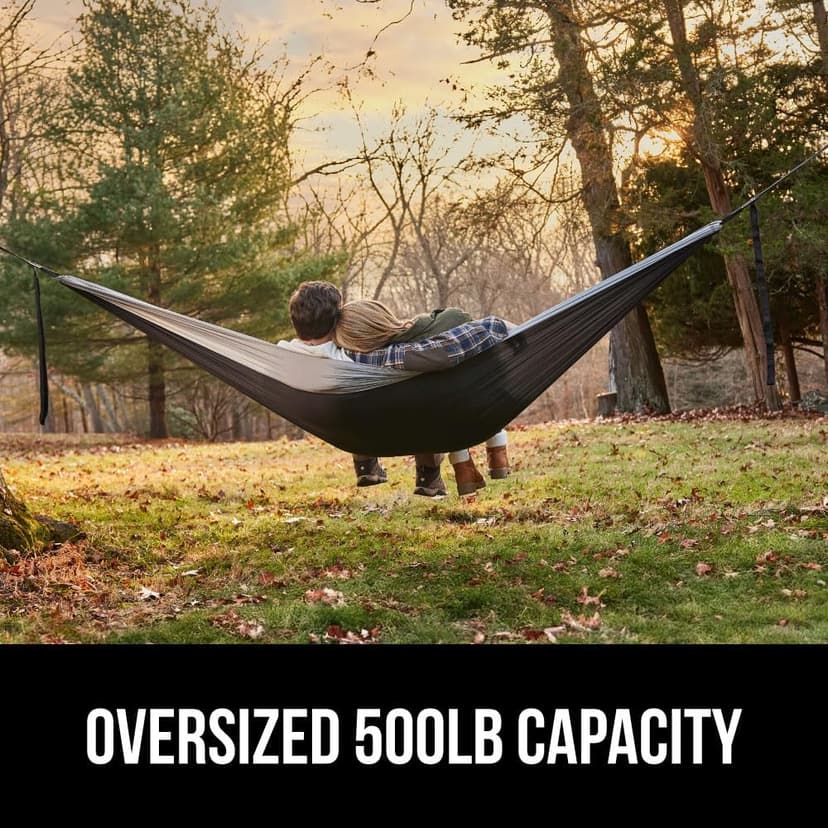 GORILLA GRIP Durable Portable Camping Hammock, Holds 400lbs with Heavy Duty Tree Straps, Comfortable Travel Swing, Camp Hammocks, Easy to Use and Install, Outdoor Essentials, Black, 10x6.5 FT