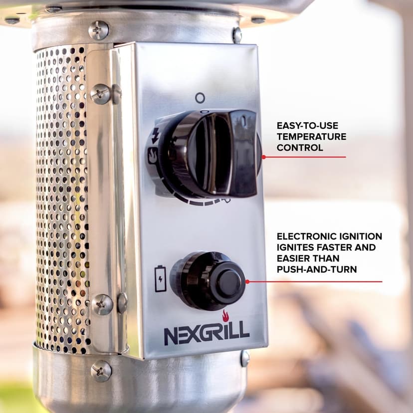 Nexgrill Sundara 92" Stainless Steel Outdoor Patio Heater, 48,000 BTUs, 2 Wheel Transport, Electronic Ignition, Easy Tank Access, Control Knob, Propane Heater for Porch, Garden, Backyard - 920-01001