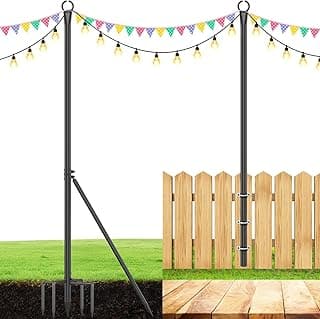 String Light Pole, Heavy Duty Light Poles for Outside with Side Support Road and 5-Prong Fork, Metal Post for Hanging String Lights for Deck, Fence, Patio Garden, Backyard, Wedding or Party,2 Pack