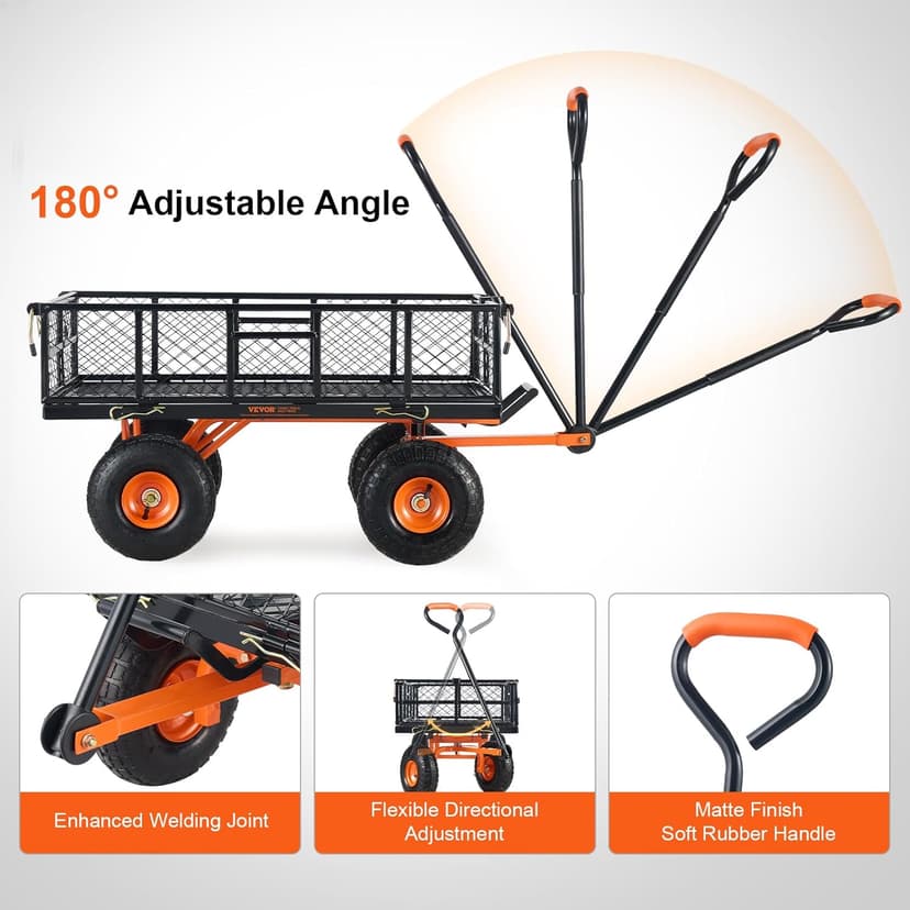 VEVOR 880lbs Steel Garden Dump Cart Utility Wagon, Heavy Duty Yard Dump Wagon Cart with Removable Sides, Pullable Handle, Utility Liner, 10in All Terrain Wheels
