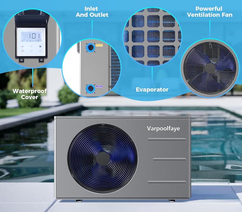 Pool Heat Pump 30000 BTU Pool Heater for Above Ground or Inground Swimming Pools Spa Heating and Cooling with WiFi Control Schedule 120V 8000 Gallon
