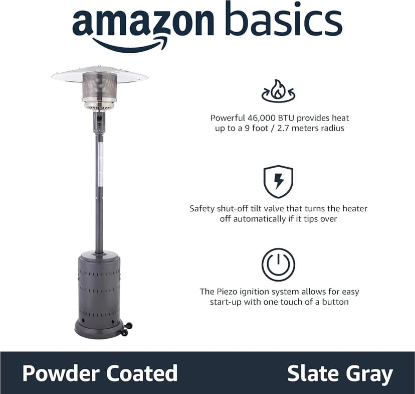 Amazon Basics 46,000 BTU Outdoor Propane Patio Heater with Wheels, Commercial & Residential, Slate Gray, with water tank, 32.1 x 32.1 x 91.3 inches (LxWxH)
