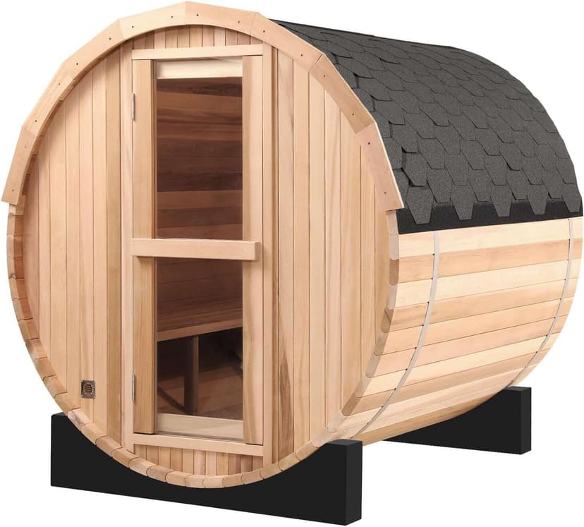 Outdoor Sauna 4 Person, Canadian Hemlock Barrel Sauna with 4.5KW ETL Heater, 220V, Waterproof System, Asphalt Shingles, Rubber Base(0-195℉)