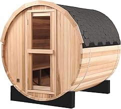 Outdoor Sauna 4 Person, Canadian Hemlock Barrel Sauna with 4.5KW ETL Heater, 220V, Waterproof System, Asphalt Shingles, Rubber Base(0-195℉)