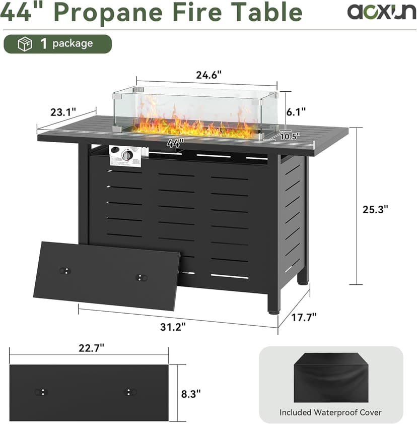 Aoxun 44 Inch Propane Fire Pit 50,000 BTU Outdoor Gas Fire Table with Waterproof Cover and Glass Wind Guard, Rectangular Steel Firepit Table with Lid and Lava Rock for Outdoor, Patio, Backyard