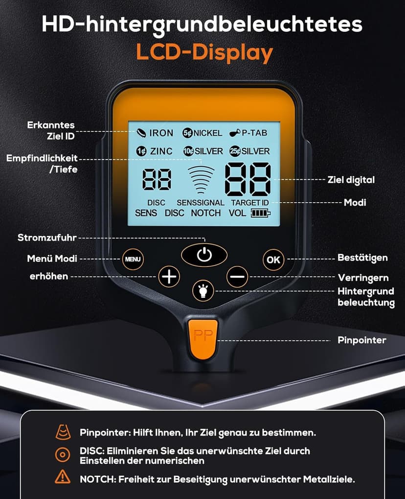 Metal Detector for Adults Waterproof - Cordless Gold Detector with LCD Display, Retractable Foldable Higher Accuracy Metal Detector with 10" IP68 Coil - Orange