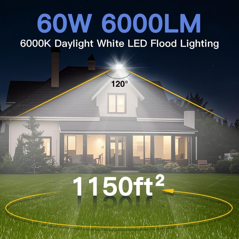 Ceena 2 Pack 60W Hardwired LED Flood Light Outdoor, 6000lm Super Bright Floodlight, IP66 Waterproof 6000K Daylight White Exterior Lights for Garage, Yard, Patio, Front Door