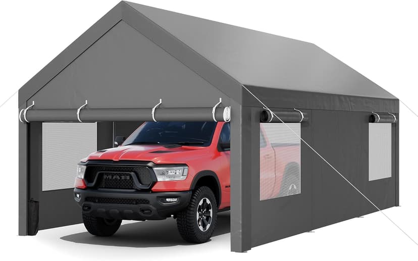 JY QAQA Carport, 12x20 FT Heavy Duty Carport with Removable Side Walls and Doors, Portable Garage with Roll-Up Window and Sandbags, Car Canopy with All-Season Tarp for Cars, Trucks, Boats, Gray