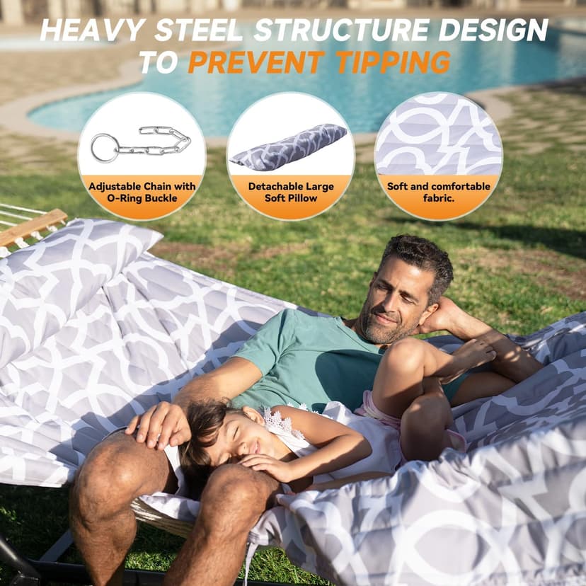 Double Hammock with Stand, 2 Person Cotton Rope Hammock with Removable Polyester Pad, 500LBS Capacity, Portable & Adjustable Design, Includes Storage Bag, Indoor Outdoor Use,White-Gray