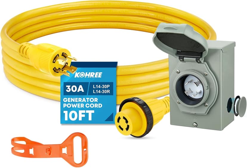 Kohree 30 Amp Generator Cord and Pre-drilled Power Inlet Box, 10FT 4 Prong NEMA L14-30P to L14-30R 10 Gauge Generator Extension Cord, L14-30P Power Inlet Box Kit, 125/250V, 7500W with Cord Organizer