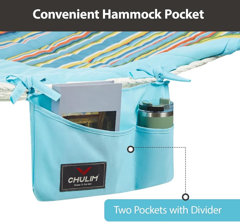 Outdoor Double Hammock with Hardwood Spreader Bars, Cotton Rope Hammock with Polyester Pad and Pillow, 475 LBS Capacity 2 Person Hammock, Large Hammock for Patio Backyard Poolside - Bule Stripe
