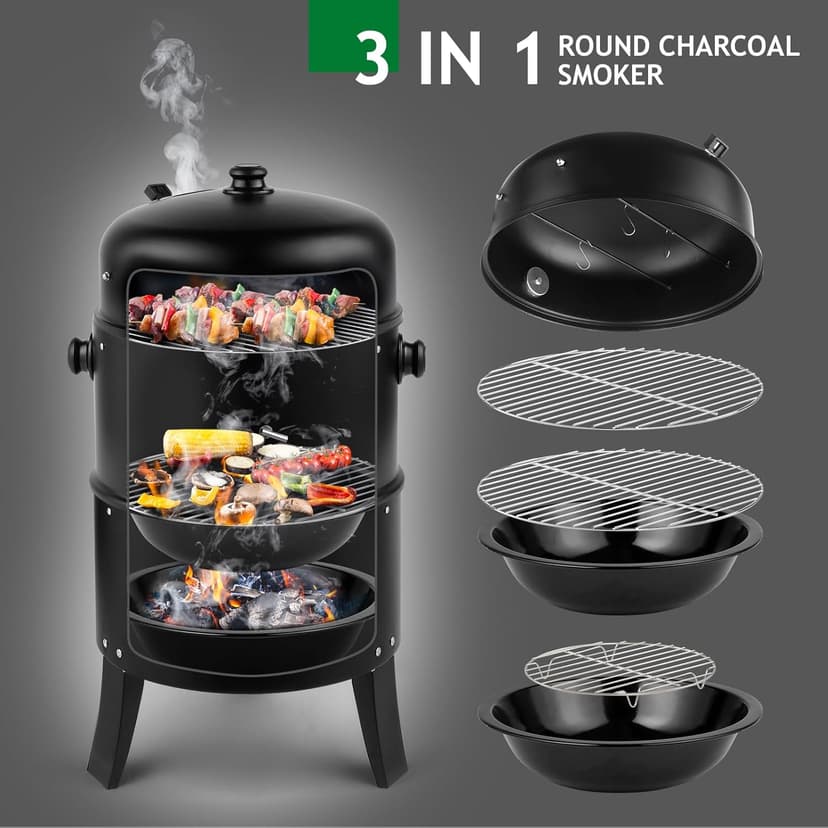 16 Inch Charcoal BBQ Smoker Grill,3-in-1 Portable Vertical Grill Cooker with Built-in Thermometers & Adjustable Vent Systems for Outdoor Backyard Cooking, Camping & Patio Parties