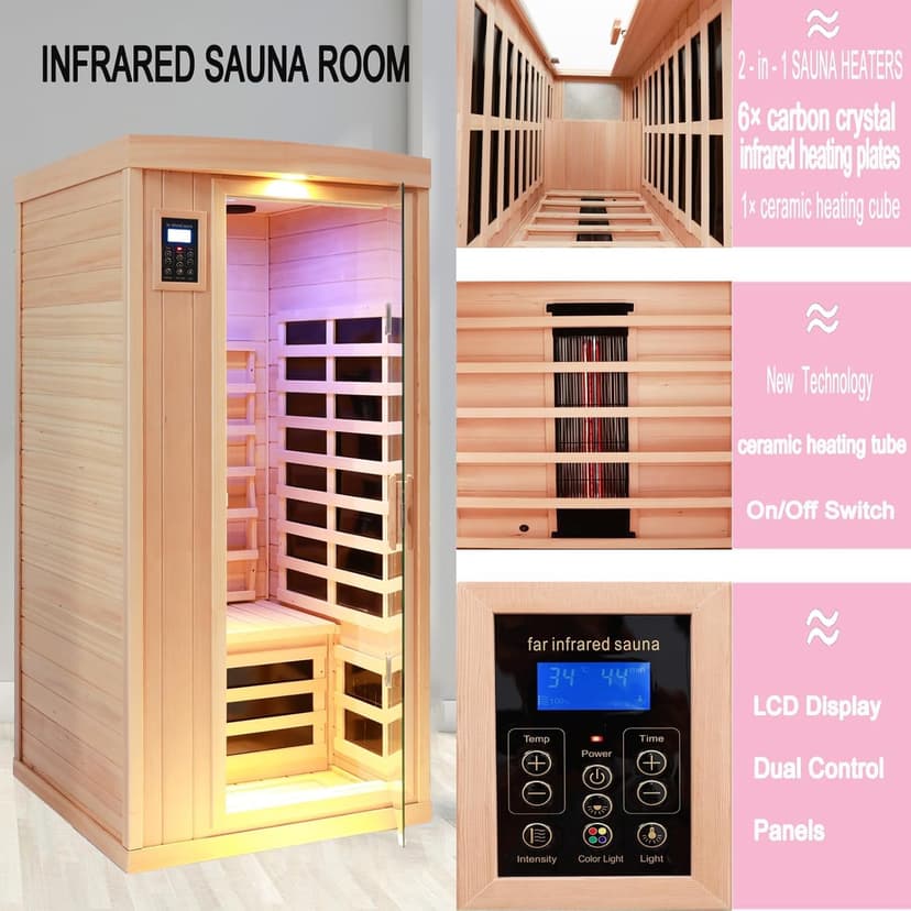 Ceramic 1 Person Infrared Sauna Far Infrared Saunas for Home Hemlock Wood Indoor Sauna Room 2 in 1 Sauna with Low EMF Heaters + Ceramic Heating Cube-Chromotherapy-Bluetooth Speaker