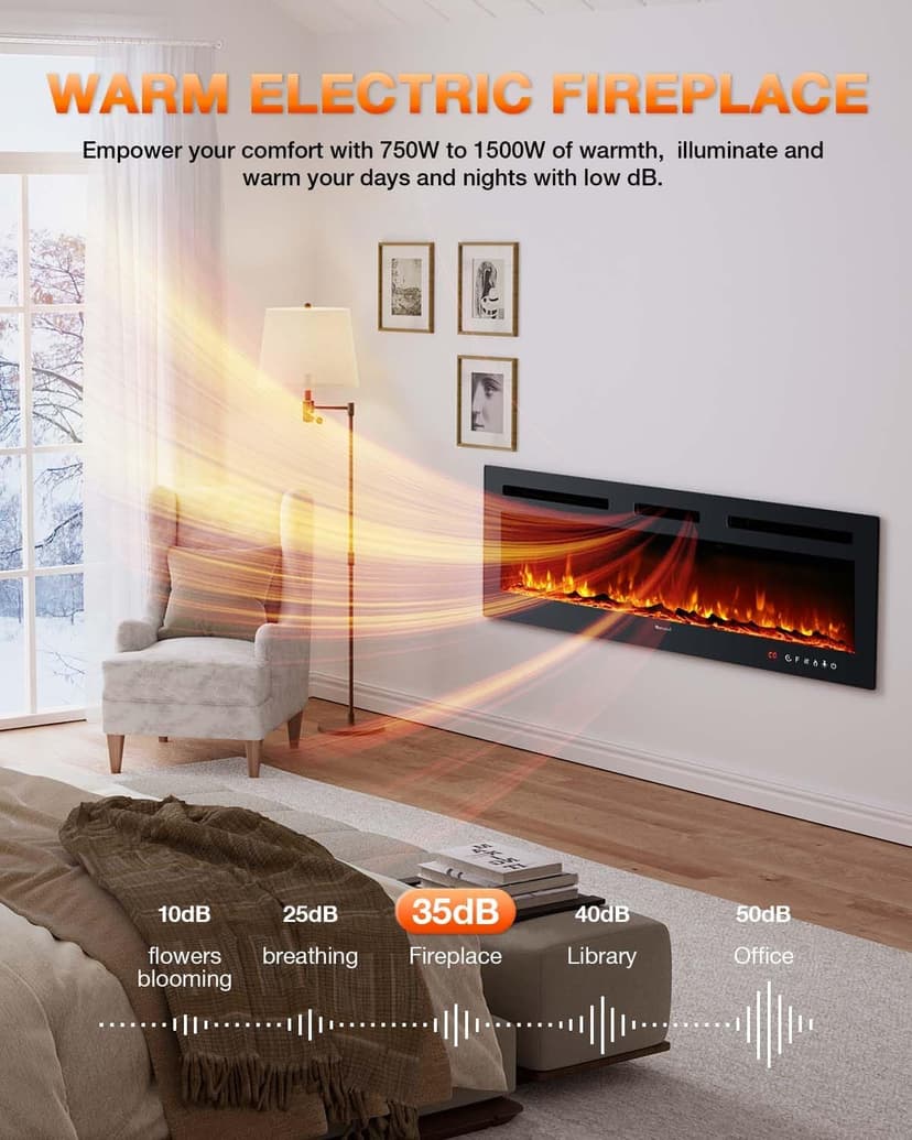 Electric Fireplace 60Inch,Realistic Flame Electric Fireplace Heater,Log Set,Crystal Flames 750-1500W with Timer Inserts,Wall Mounted,TV Stand Touch Screen & Remote for Living Room Easy Install