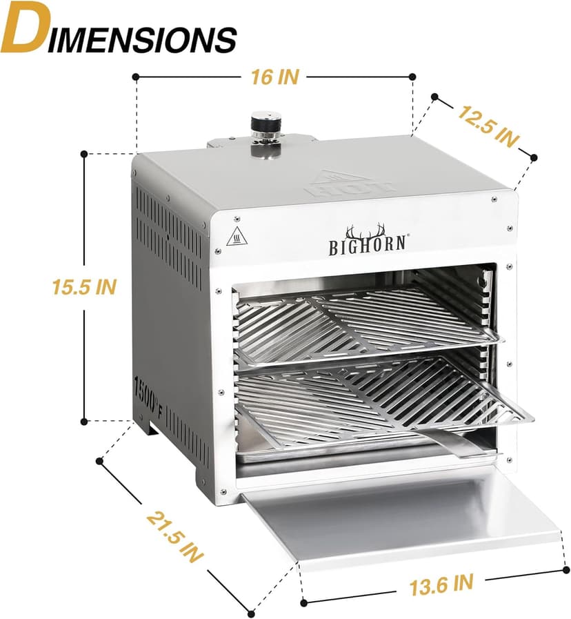 BIG HORN OUTDOORS Infrared Portable Propane Grill – 1500°F Steak Broiler, Sear Station with Pizza Stone, Salamander BBQ Grill, Small Stainless Steel Gas Grill
