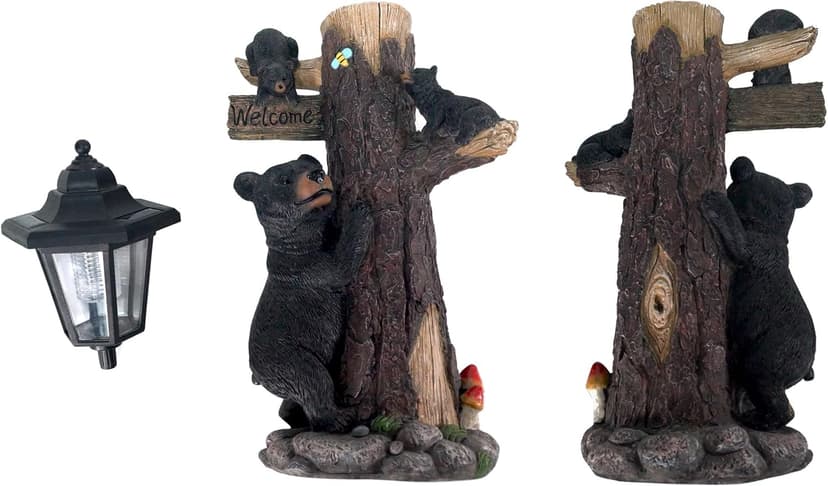 Bear Statue Welcome Sign Garden Statue with Solar Lights, 19 Inches Resin Bear Family on The Tree, Outdoor Bear Décor for Yard, Garden, Lawn, Patio, Black and Brown Animal Statue