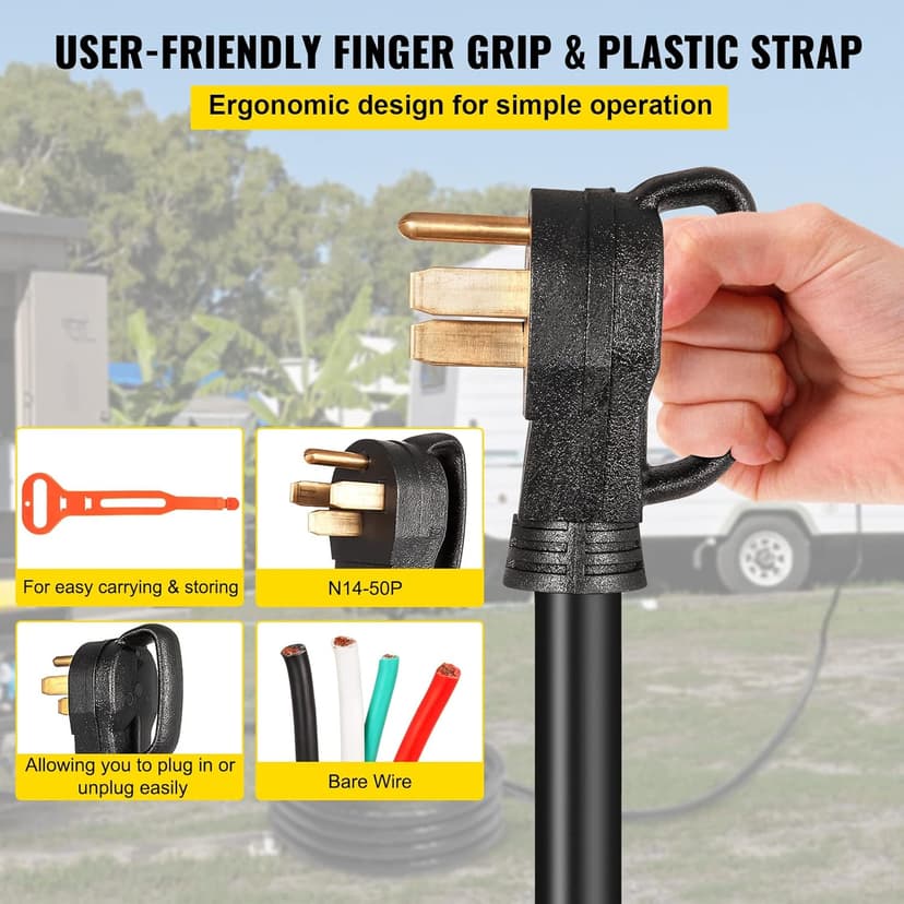 VEVOR 15 FT 50 Amp Generator Extension Cord 4 Wire 6 Gauge STW 6/3+8/1, 125V 250V Generator Power Cord N14-50P & SS2-50R with Portable Handle