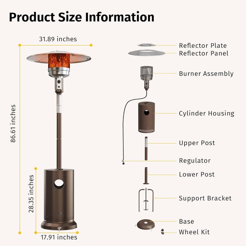 EAST OAK 23,000 to 50,000 BTU Patio Heater for Outdoor Use With Round Table Design, Double-Layer Stainless Steel Burner and Wheels, Outdoor Patio Heater for Home and Commercial, Bronze