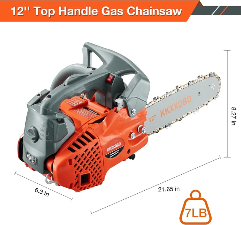 Lightweight 12 Inch Gas Powered Chainsaw - 25.4CC Top Handle Chainsaw for Efficient Wood Cutting, Tree Pruning & Firewood Preparation, Anti-Vibration Design, Easy Start & Safe Operation
