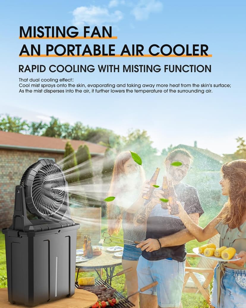 Ausic Portable Misting Fan - 9L Bucket, 10-inch Outdoor Fans for Patios/Camping/Beach/Golf etc., 20000mAh USB Rechargeable Battery Powered Floor Water Cooling Fan, 3 Strong Winds, 3 Spray Mister