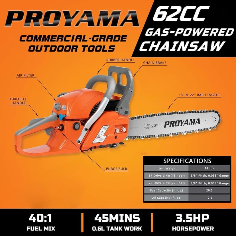 PROYAMA 62CC 2-Cycle Gas Powered Chainsaw, 22 Inch 18 Inch Handheld Cordless Petrol Chain Saw for Tree Wood Cutting