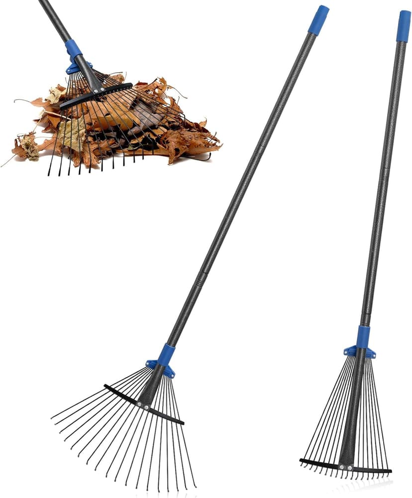 Adjustable Metal Leaf Rake Long Handle, 60 inch Garden Rakes for Lawns Heavy Duty Leaves with Expandable Head 8-17", Yard Women Kids Rake for Gardening RV Camping