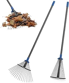 Adjustable Metal Leaf Rake Long Handle, 60 inch Garden Rakes for Lawns Heavy Duty Leaves with Expandable Head 8-17", Yard Women Kids Rake for Gardening RV Camping