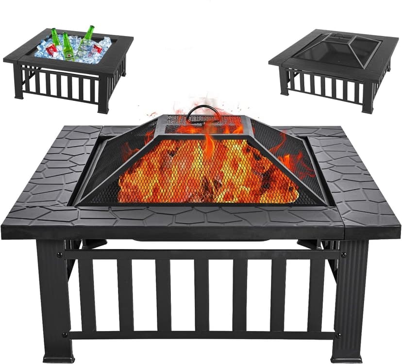 Multifunctional Fire Pit Table 32 inch Square Metal Firepit Stove Backyard Patio Garden Fireplace for Camping, Outdoor Heating, Bonfire and Picnic