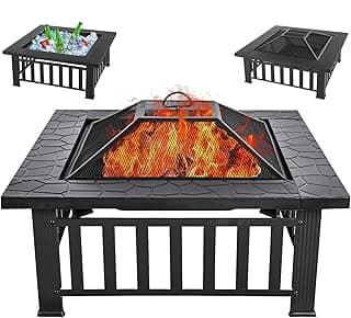 Multifunctional Fire Pit Table 32 inch Square Metal Firepit Stove Backyard Patio Garden Fireplace for Camping, Outdoor Heating, Bonfire and Picnic