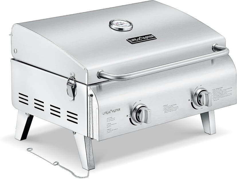 Portable Stainless Steel Gas Grill - 2 Burners Easy Clean Tabletop BBQ Propane Gas Grill with Foldable Legs and Wind Proof Lid for Camping and Outdoor - Silver
